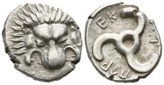 Greek Dynasts of Lycia. Uncertain mint. Perikles circa 380-360 BC. 1/3 Stater AR 14mm., 2,73g. Lion scalp facing / Π↑ΡΕΚΛ↑, triskeles within incuse circle. good very fine Falghera 217; SNG von Aulock 