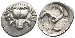 Greek Dynasts of Lycia. Wedrei. Trbbänimi circa 400-370 BC. Tetrobol AR 16mm., 2,38g. Facing scalp of lion / Triskeles within incuse circle. good very fine Müseler VIII.13 var.; SNG von Aulock 4215 va