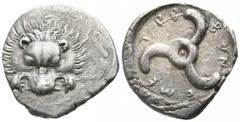 Greek Dynasts of Lycia. Wedrei. Trbbänimi circa 400-370 BC. Tetrobol AR 17mm., 3,15g. Facing scalp of lion / Triskeles within incuse circle. very fine Müseler VIII.13 var.; SNG von Aulock 4215 var.