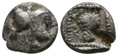 Greek Cilicia. Possibly Soloi circa 425-375 BC. Obol AR 7mm., 0,75g. Helmeted head of Athena right / Grape bunch within beaded linear border. nearly very fine SNG Levante 48 var. (hemiobol, head of At