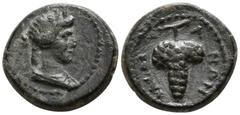 Roman Provincial Lydia. Daldis . Pseudo-autonomous issue AD 193-211. Bronze Æ 14mm., 3,44g. Turreted and draped bust of Tyche right / Grape bunch. very fine BMC 5.