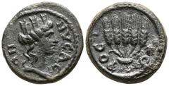 Roman Provincial Lydia. Nysa. Pseudo-autonomous issue AD 138-192. Bronze Æ 17mm., 3,58g. ΝVСΑЄΩΝ, turreted and draped bust of Tyche right / KOPOC, bundle of five grain ears. very fine RPC IV online 14