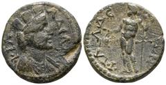 Roman Provincial Lydia. Philadelphia. Pseudo-autonomous issue circa AD 193-211. Bronze Æ 19mm., 4,93g. ΦΙΛΑΔЄΛΦΙΑ, turreted and draped bust of Tyche right / ΦΙΛΑΔЄΛΦЄΩΝ, Dionysos standing left, holdin