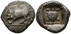 Greek Dynasts of Lycia. Uncertain mint 500-480 BC. Stater AR 19mm., 8,78g. Snuffling boar left / Tortoise in dotted square. good very fine SNG von Aulock 4071.