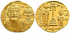 Byzantine Constans II. AD 641-668. Byzantine Solidus AV 17mm., 4,37g. dN CONSƮANVS, facing busts of Constans, on left with long beard, plumed helmet and chlamys, and Constantine IV, beardless, wearing