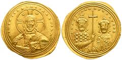 Byzantine Basil II Bulgaroktonos, with Constantine VIII AD 976-1025. Constantinople Histamenon Nomisma AV 23mm., 4,42g. + IhS XIS REX REGNANTInm, Bust of Christ facing, wearing nimbus cross ornamented