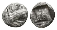 Greek Ionia. Phokaia circa 600-500 BC. Tetartemorion AR 5mm., 0,29g. Head of griffin / Quadripartite incuse square. nearly very fine BMC 88-9.