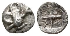 Greek Ionia. Teos circa 450-425 BC. Tetartemorion AR 5mm., 0,16g. Griffin seated right, raising forepaw / Quadripartite incuse square with granulated quarters. nearly very fine Matzke Group Cb5; SNG C