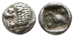 Greek Caria. Mylasa circa 420-390 BC. Tetartemorion AR 5mm., 0,26g. Head of roaring lion left / Bird standing left, pellets flanking, all within incuse square. very fine SNG Kayhan 940-43 (Caria uncer