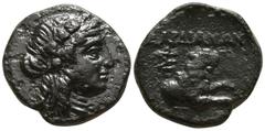Greek Lydia. Sardeis 133 BC-14 AD. Bronze Æ 16mm., 4,25g. Wreathed head of Dionysos right / Forepart of lion right, monogram to left. very fine SNG Cop. 468; BMC 47.
