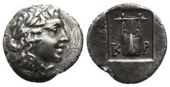 Greek Lycia. Kragos. Lycian League circa 48-42 BC. Hemidrachm AR 13mm., 1,89g. Λ - Y, laureate head of Apollo right / K - P, lyre within incuse square. good very fine RPC I 3301; Troxell 84.