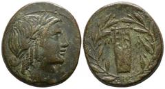 Greek Lycia. Masikytes. Lycian League circa 23-18 BC. Bronze Æ 21mm., 7,27g. Laureate head of Apollo right, Λ-Υ / Lyre, M-A, within laurel wreath. very fine Troxell 202; RPC I 3321; SNG v. Aulock 4345