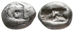 Greek Kings of Lydia. Sardeis Time of Kroisos to Kambyses, circa 560-525 BC.. 1/3 Stater AR 12mm., 3,38g. Confronted foreparts of lion and bull / Two incuse square punches of unequal size. nearly very