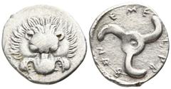 Greek Dynasts of Lycia. Trbbänimi 400-370 BC. 1/3 Stater AR 15mm., 3,05g. Facing lion’s skalp / Triskeles, dynast’s name in Lycian around. very fine SNG von Aulock 4218.