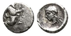 Greek Persia. Achaemenid Empire Artaxerxes II to Darios III, (400-300 BC).. Tetartemorion AR 4mm., 0,19g. Female head left / Persian king or hero, wearing kidaris and kandys, in kneeling-running stanc