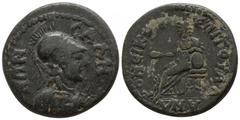 Roman Provincial Lydia. Sala. Pseudo-autonomous issue AD 98-117. Bronze Æ 18mm., 4,25g. Helmeted bust of Athena right, wearing aegis / Kybele seated left on throne, holding patera and resting elbow up