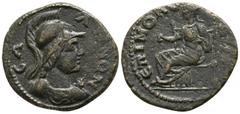 Roman Provincial Lydia. Sala. Semi-autonomous issue circa AD 193-211. Bronze Æ 18mm., 3,08g. CAΛHNΩN, helmeted bust of Athena right, aegis on chest / EΠI MOΛOΞOY, Kybele, turreted, seated left, holdin