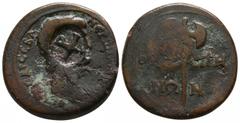 Roman Provincial Lydia. Thyateira . Nero AD 54-68. Bronze Æ 16mm., 3,08g. NEPΩΝ ΚΛΑΥΔΙΟC KAICAP CEBA, bare head right, countermark / ΘΥΑΤΕΙΡΗΝΩΝ, labrys. nearly very fine RPC 2382.