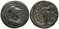 Roman Provincial Lydia. Thyateira . Pseudo-autonomous issue circa AD 100-300. Bronze Æ 17mm., 4,01g. Helmeted bust of Athena right, wearing aegis / ΘVATЄIPHNΩN, Tyche standing left, holding rudder and