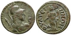Roman Provincial Lydia. Thyateira . Pseudo-autonomous issue circa AD 200-300. Bronze Æ 18mm., 3,29g. Helmeted bust of Athena right, wearing aegis / ΘVATЄIPHNΩN, Tyche standing left, holding rudder and