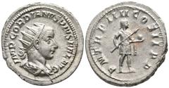 Roman Imperial Gordian III. AD 238-244. Rome Antoninianus AR 23mm., 5,20g. IMP GORDIANVS PIVS FEL AVG, radiate, draped and cuirassed bust right / P M TR P IIII COS II P P, Gordian standing right, hold