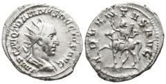 Roman Imperial Traianus Decius AD 249-251. Rome Antoninianus AR 23mm., 4,35g. IMP C M Q TRAIANVS DECIVS AVG, radiate, draped and cuirassed bust of Trajan Decius right / ADVENTVS AVG, Trajan Decius on 