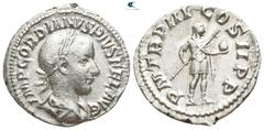 Roman Imperial Gordian III. AD 238-244. Rome Denarius AR 18mm., 2,71g. IMP GORDIANVS PIVS FEL AVG, laureate, draped and cuirassed bust of Gordian III to right / P M TR P III COS II P P, Gordian, in mi