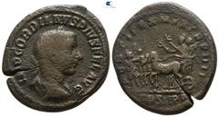 Roman Imperial Gordian III. AD 238-244. Rome Medallic As 27mm., 13,15g. IMP GORDIANVS PIVS FEL AVG, laureate, draped and cuirassed bust right / PONTIFEX MAX TR P IIII, COS II P P in exergue, Gordian s