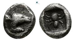 Greek Asia Minor. Uncertain mint circa 550-400 BC. Tetartemorion AR 5mm., 0,18g. Head or roaring lion ? right / Ant within incuse square. very fine SNG von Aulock -; SNG Copenhagen -; SNG France-; Tra