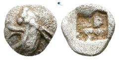Greek Ionia. Teos circa 500-450 BC. Tetartemorion AR 5mm., 0,23g. Head of griffin / Quadripartite incuse square. very fine