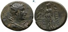 Greek Lydia. Sardeis 133-14 BC. Bronze Æ 22mm., 7,92g. Draped bust of Artemis right, with bow and quiver over shoulder / Athena standing left, holding crowning Nike and resting hand upon shield, spear