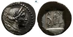 Greek Lycia. Kragos. Lycian League circa 48-23 BC. 1/4 Drachm AR 11mm., 0,71g. Head of Artemis right / Λ-Υ K-P, quiver, palm branch to left. very fine Troxell 125.2.