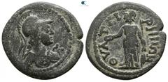 Roman Provincial Lydia. Thyateira . Pseudo-autonomous issue circa AD 200-300. Bronze Æ 20mm., 4,18g. Helmeted and cuirassed bust right, wearing aegis of Athena right / Athena standing left, holding pa