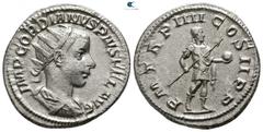 Roman Imperial Gordian III. AD 238-244. Rome Antoninianus AR 21mm., 4,04g. IMP GORDIANVS PIVS FEL AVG, radiate, draped and cuirassed bust right / P M TR P IIII COS II P P, Gordian standing right, hold