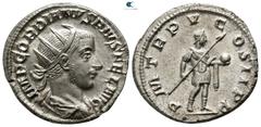 Roman Imperial Gordian III. AD 238-244. Rome Antoninianus AR 19mm., 4,23g. IMP GORDIANVS PIVS FEL AVG, radiate, draped and cuirassed bust right / P M TR P V COS II P P, Gordian standing right in milit