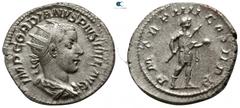 Roman Imperial Gordian III. AD 238-244. Rome Antoninianus AR 22mm., 4,29g. IMP GORDIANVS PIVS FEL AVG, radiate, draped and cuirassed bust right / P M TR P IIII COS II P P, Gordian standing right, hold