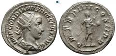 Roman Imperial Gordian III. AD 238-244. Rome Antoninianus AR 22mm., 5,24g. IMP GORDIANVS PIVS FEL AVG, radiate, draped and cuirassed bust right / P M TR P IIII COS II P P, Gordian standing right, hold