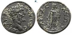 Roman Provincial Lydia. Akrasos . Septimius Severus AD 193-211. Bronze Æ 17mm., 4,44g. AV • KA • Λ• C CЄOVHPOC, laureate head right / AKPAC-IΩTΩN, Asklepios standing facing, head left, resting his rig