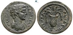 Roman Provincial Lydia. Apollonis . Geta as Caesar AD 197-209. Bronze Æ 18mm., 3,70g. Π CЄ[Π Γ]ЄT-AC KAICAP, bareheaded and draped bust right / ΑΠΟΛΛ-ΩΝΙΔЄΩΝ, vase containing poppies and grain ears. v