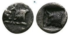 Greek Caria. Uncertain mint 500 BC. Tetartemorion AR 4mm., 0,20g. Confronted foreparts of bull / Forepart of bull left, within incuse square. very fine SNG Keckman 912; SNG Kayhan 968-70.