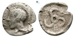 Greek Dynasts of Lycia. Uncertain mint. Wekhssere I 450-430 BC. Hemiobol AR 5mm., 0,25g. Helmeted head of Athena left / F-A-?, triskeles within incuse square. nearly very fine Falghera-; SNG Copenhage