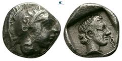 Greek Dynasts of Lycia. Xanthos. Wekhssere I 450-430 BC. Diobol AR 9mm., 1,33g. Helmeted head of Athena right / Laureate head of Apollo right, diskeles to right, all within incuse square. very fine Mü