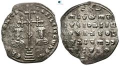 Byzantine Basil II Bulgaroktonos, with Constantine VIII AD 976-1025. Constantinople Miliaresion AR 21mm., 2,48g. ЄҺ τOVτω ҺICA τ ' ЬASILЄIC CωҺSτ ', cross crosslet with central X and pellet-in-crescen