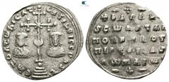 Byzantine Basil II Bulgaroktonos, with Constantine VIII AD 976-1025. Constantinople Miliaresion AR 21mm., 1,57g. Єh TOΛTω hICAT' bASILЄI C CΟhST, cross crosslet with central X set globus on four steps