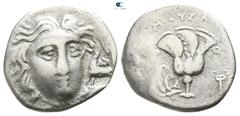 Greek Islands off Caria. Rhodos. ΜΟΥΣΑΙΟΣ (Mousaios), magistrate circa 180-170 BC. Struck in Caria or Lycia Pseudo-Rhodian Drachm AR 13mm., 2,32g. Head of Helios facing slightly right, c/m: Chimaera r