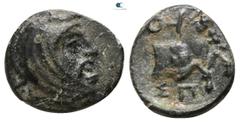 Greek Kings of Lydia. Sardeis. Spithridates 334 BC. Bronze Æ 10mm., 1,08g. Head of Satrap right, wearing mithra, the Persian headdress / ΣΠ-I, forepart of horse right, OT monogram at upper left. very 