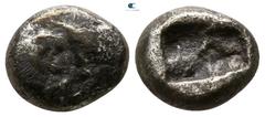 Greek Kings of Lydia. Sardeis. Time of Cyrus to Darios I 550-520 BC. 1/3 Siglos AR 8mm., 1,58g. Confronted foreparts of lion right and bull left / Two incuse square punches. nearly very fine Berk 25; 