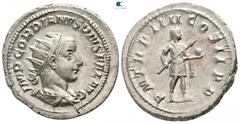 Roman Imperial Gordian III. AD 238-244. Rome Antoninianus AR 21mm., 5,20g. IMP GORDIANVS PIVS FEL AVG, radiate, draped and cuirassed bust right / P M TR P IIII COS II P P, Gordian standing right, hold