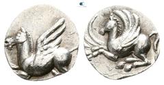 Greek Corinthia. Corinth 375-300 BC. Obol AR 6mm., 0,38g. Pegasos with curled wing striding left / Pegasos with straight wing flying left. good very fine BCD Corinth 196 var. (Corinth, diobol); SNG Co
