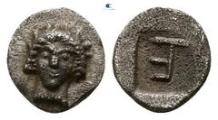 Greek Ionia. Kolophon circa 500-450 BC. Tetartemorion AR 5mm., 0,26g. Facing head of Apollo with long hair locks / TE monogram within incuse square. nearly extremely fine Milne, Colophon 7; SNG Kayhan